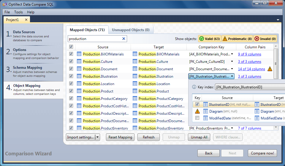 4. Choose comparison keys