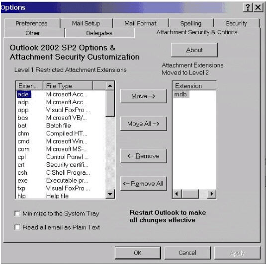 Attachment Options Property Page for Outlook 2002 SP2