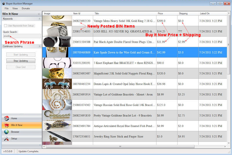 Win It Now Module - Scan for newly posted Buy It Now items on eBay to find great deals.