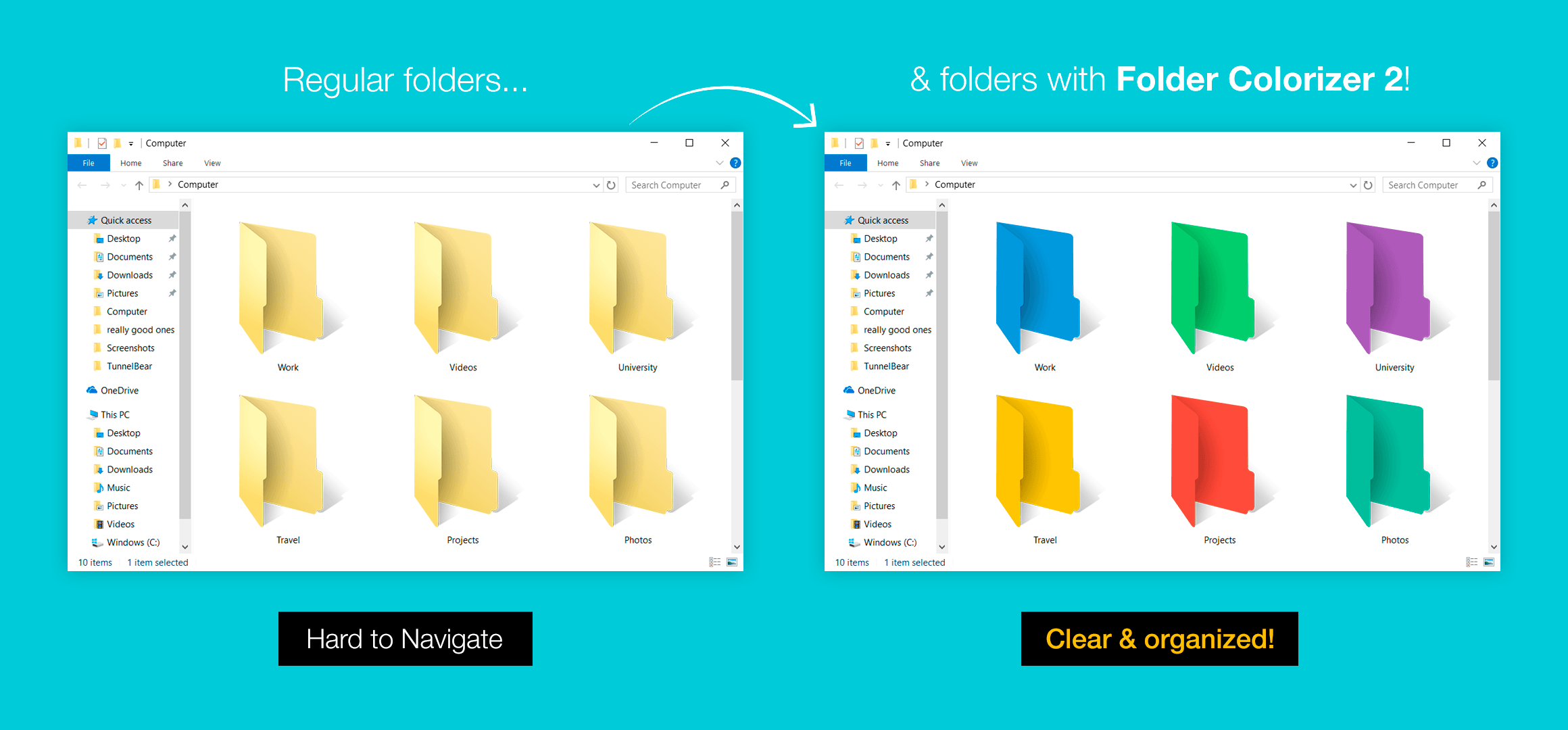 Before and after you use Folder Colorizer