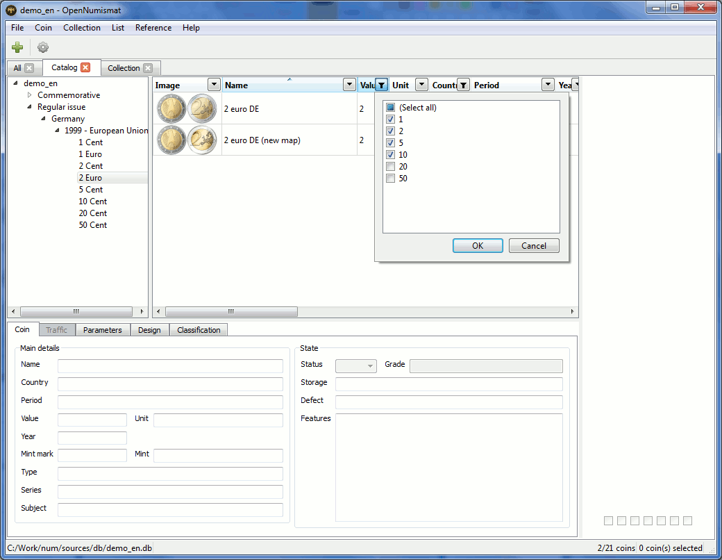 Filtering and grouping coins