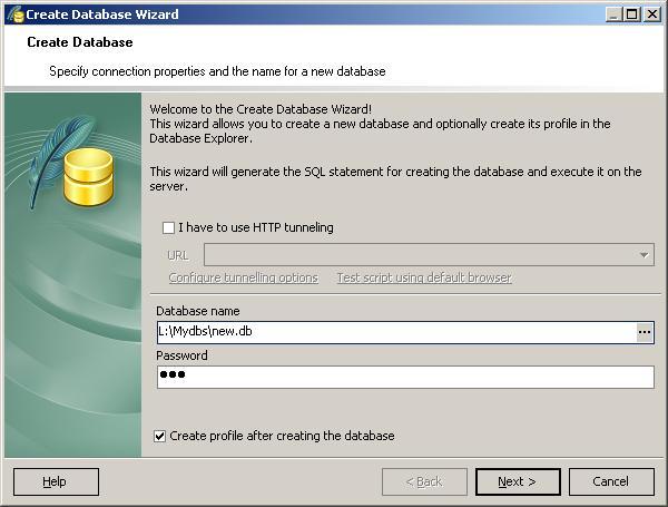 Create new database wizard