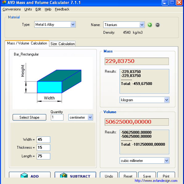 Mass and volume calculation