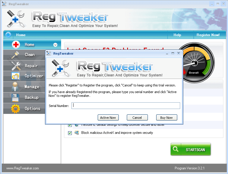 Registration window that pops when trying to repair with the program running as shareware.