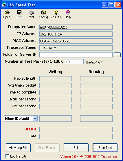 Main window of LAN Speed Test utility.