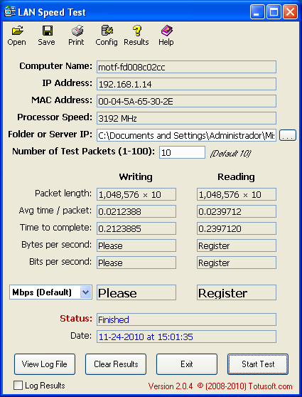 Window after the test. Notice that unregistered version doesn't show the results.