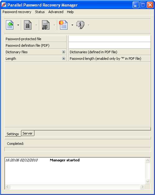 Main window of the program Parallel Password Recovery.