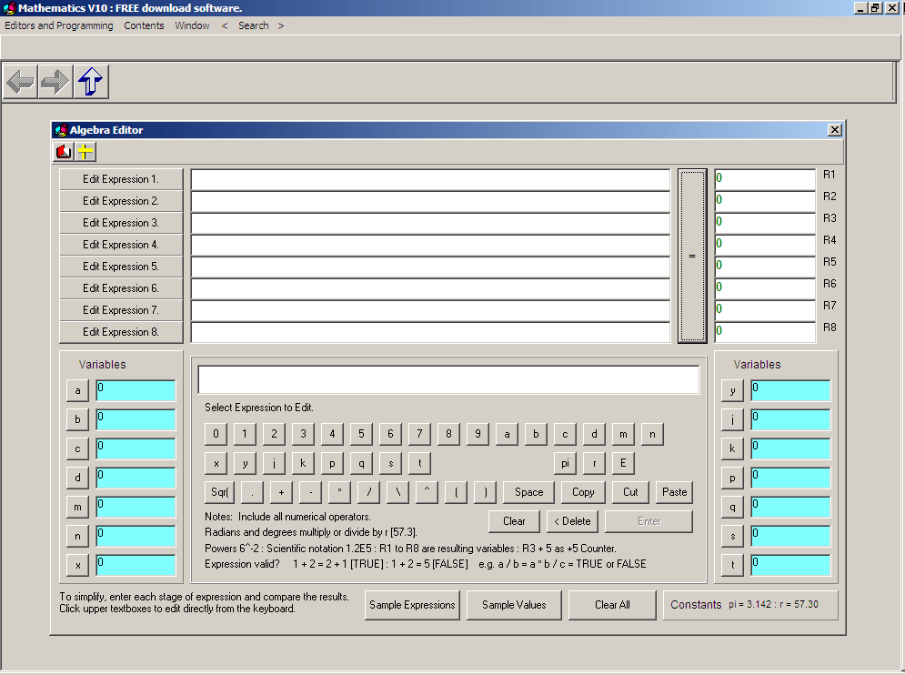 Math V10 Algebra Editor Window