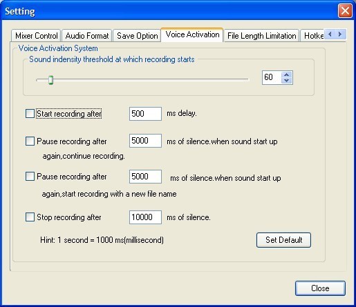 Settings Dialog with Voice Activation System Settings