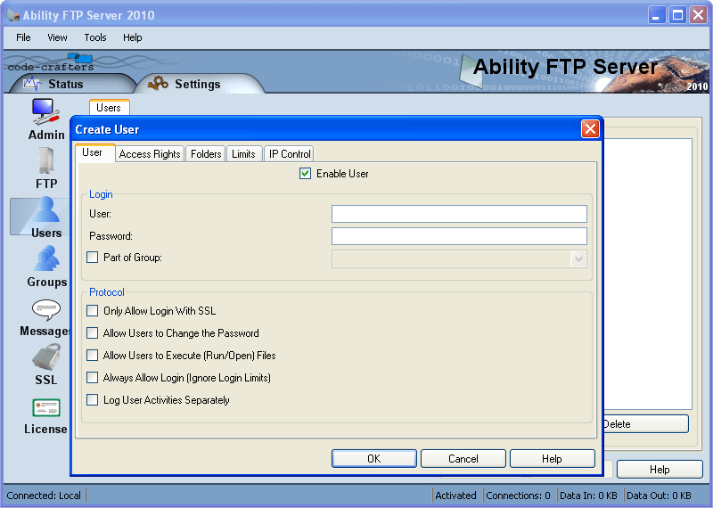 Window for adding a user. It allows to fully customize permissions.