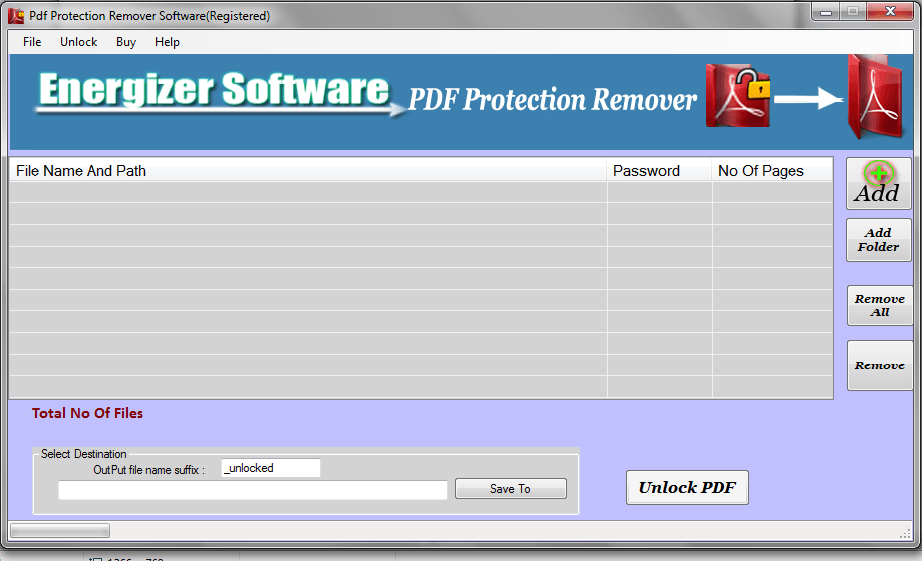 Snapshot of Energizer PDF Protection Remover Software