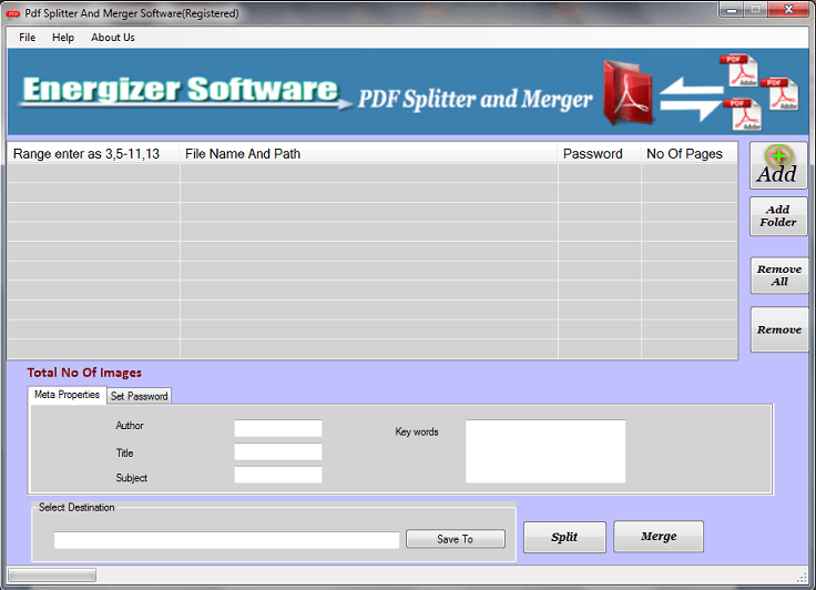 Snapshot of Energizer PDF Splitter & Merger Software
