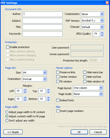 PDF settings window allows you to set a password or change page layout.