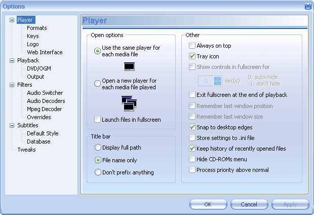 Options screen