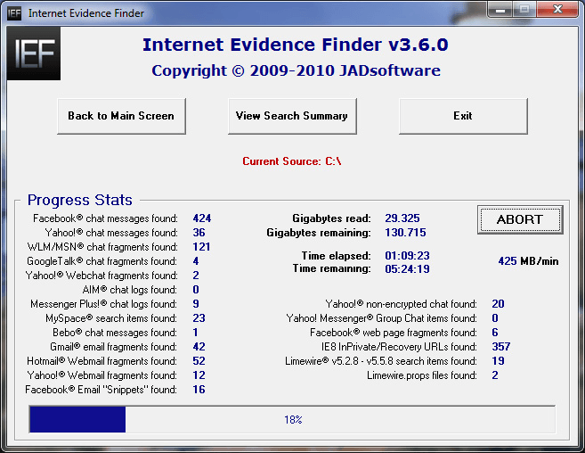 Internet Evidence Finder - General view