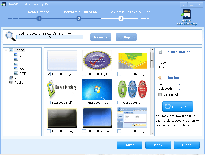 This is the screenshot of MiniSD Card Recovery Pro 