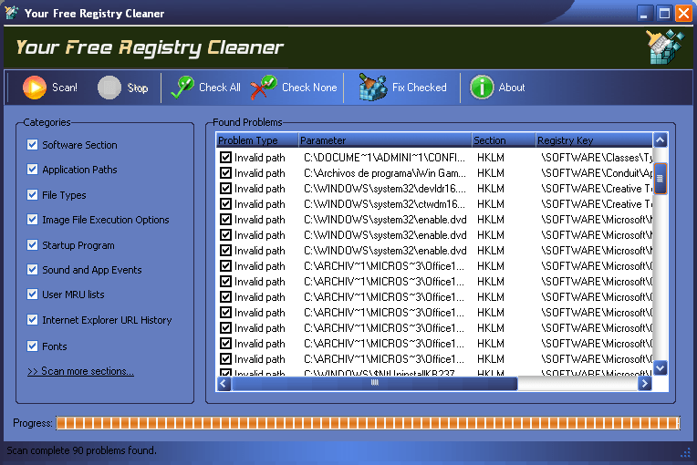 Program showing the error-causing registry entries.