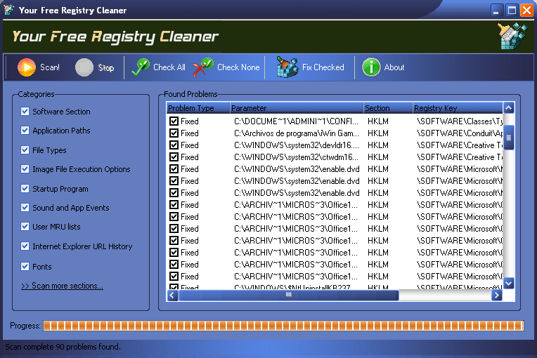 Interface of the program fixing the registry.