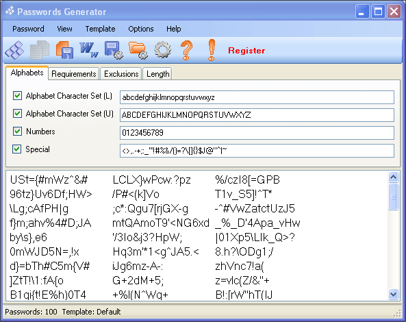 Alphabets Tab with Generated Passwords