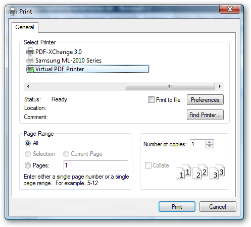 Print Dialog Box with Virtual PDF Printer setup as default printer.