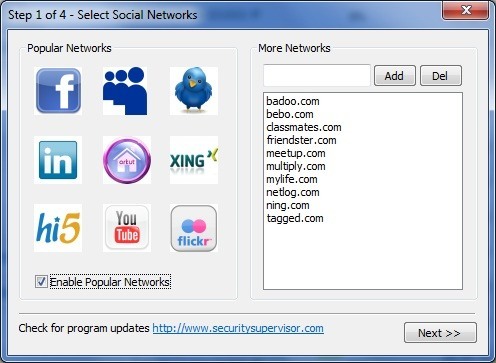 Select Social Networks Screen