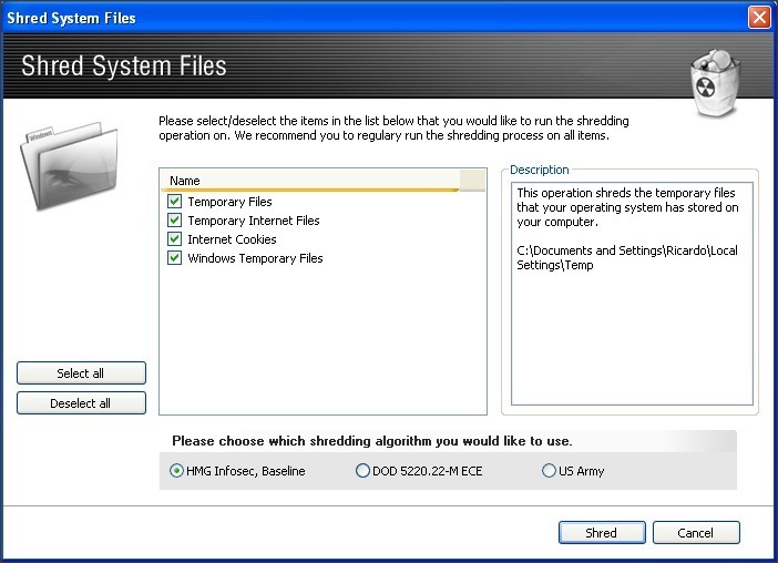 Shred System Files Window