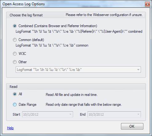 This window lets you choose the format of the access log file.