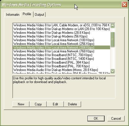 Windows Media Encoder options