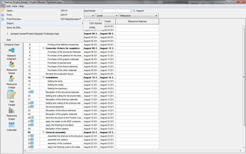 Options to export the project