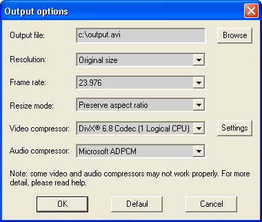 Output Options Window