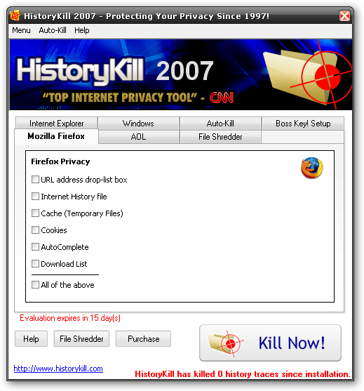 Main window, with Mozilla Firefox options