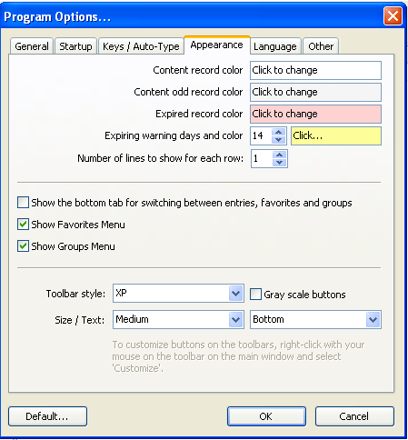 Appearance options