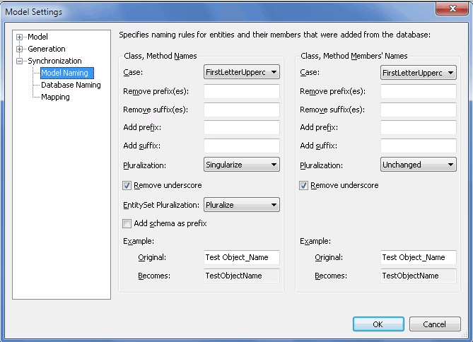 Model settings screen
