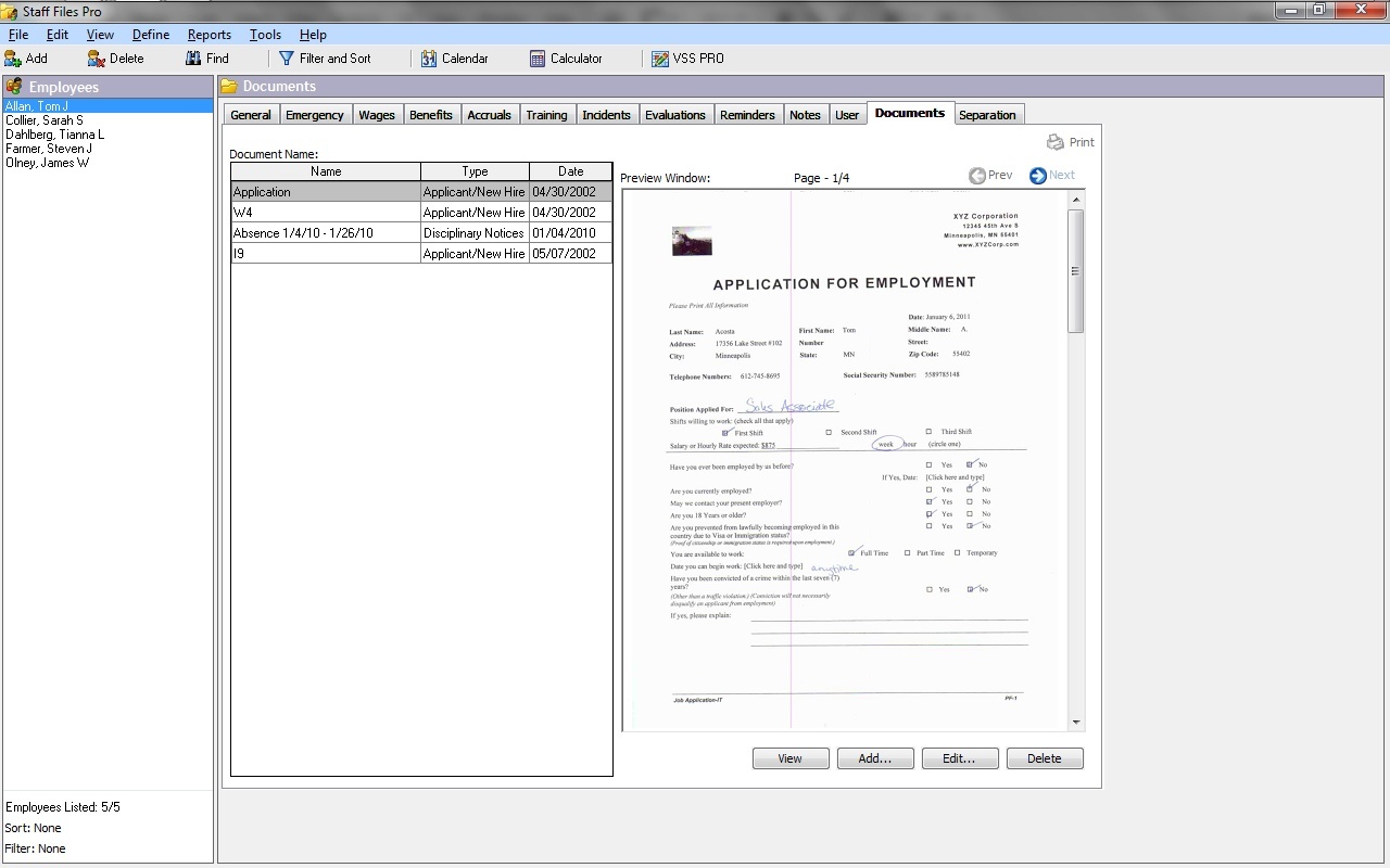 You can attach to the records other printed documents like the employee application, passport, etc.