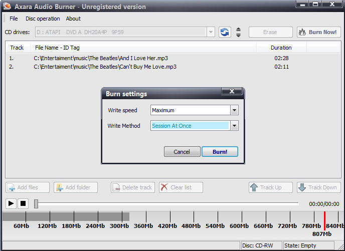 Burn settings screen