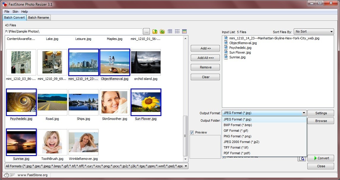 Thumbnail View and Output Format Selection