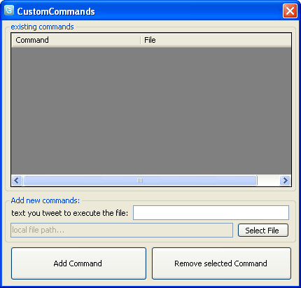 Here you can crate new commands associating a tweet with a program or shell command
