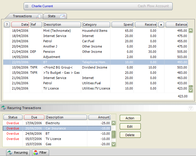 Transactions screen