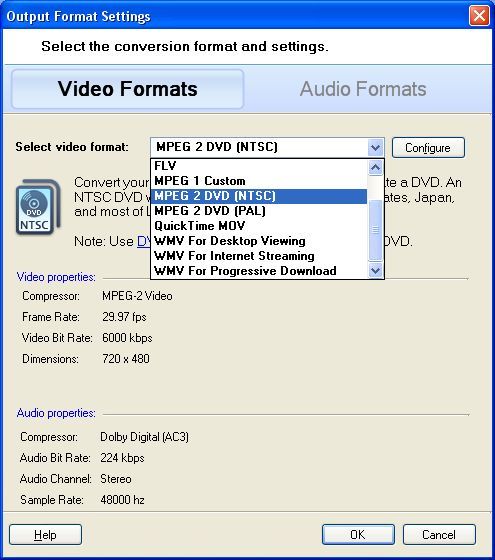 Output format settings (video)