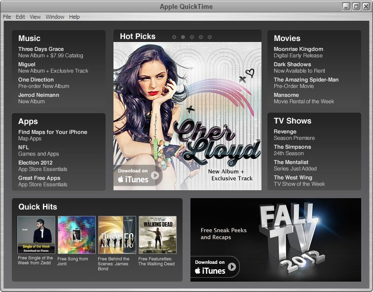 The Main Window shows a navigation panel to access popular web content on the iTunes store