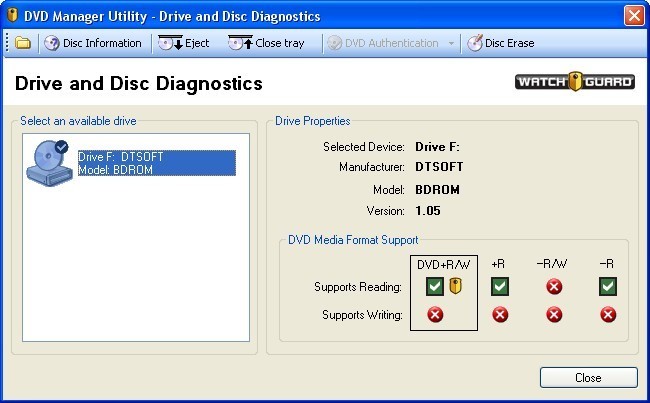 Drive and Disc diagnostic window