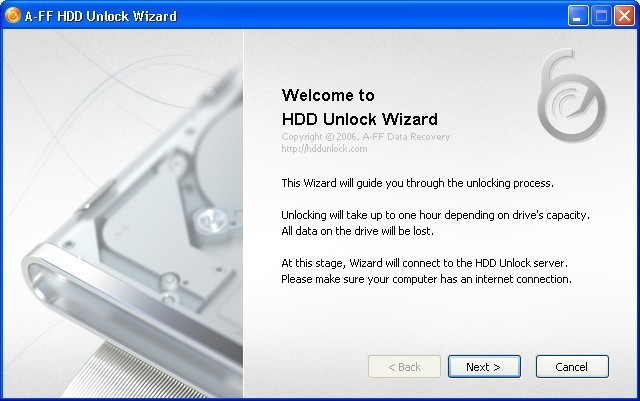 Unlock Wizard start window