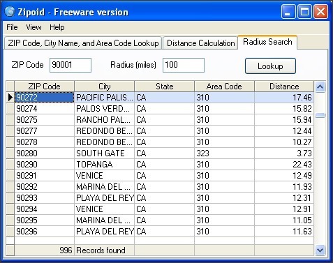 Radius Search Tab