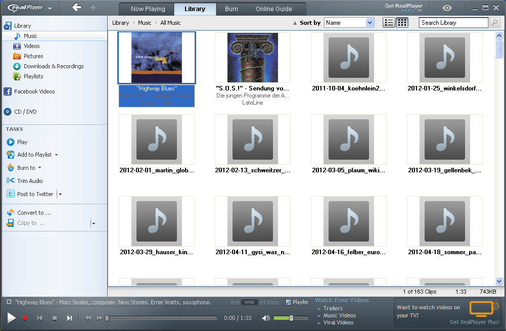 The Music Library in RealPlayer 15