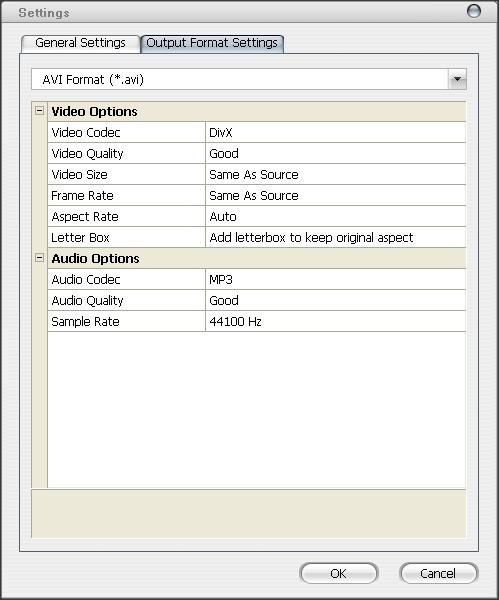 Settings Window - Output Format Settings Tab