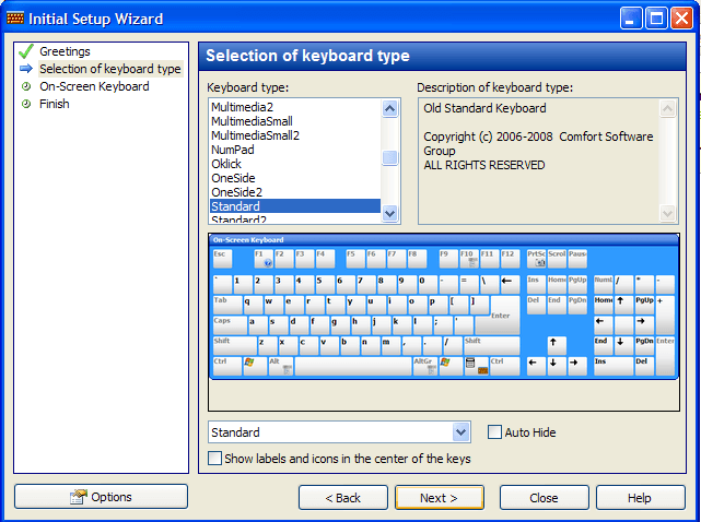 Selection of keyboard type.