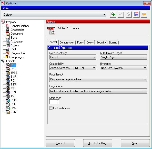 Settings for the PDF Format as Output