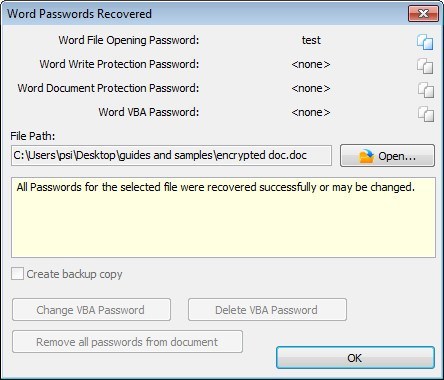 Recovered Password for Word Document