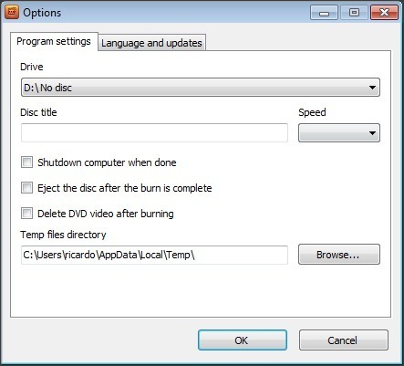 Options Window - Program Settings Tab