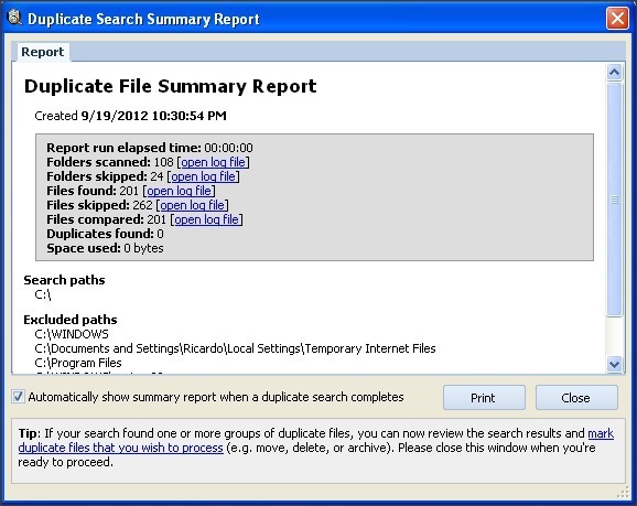 Duplicate Search Summary Report